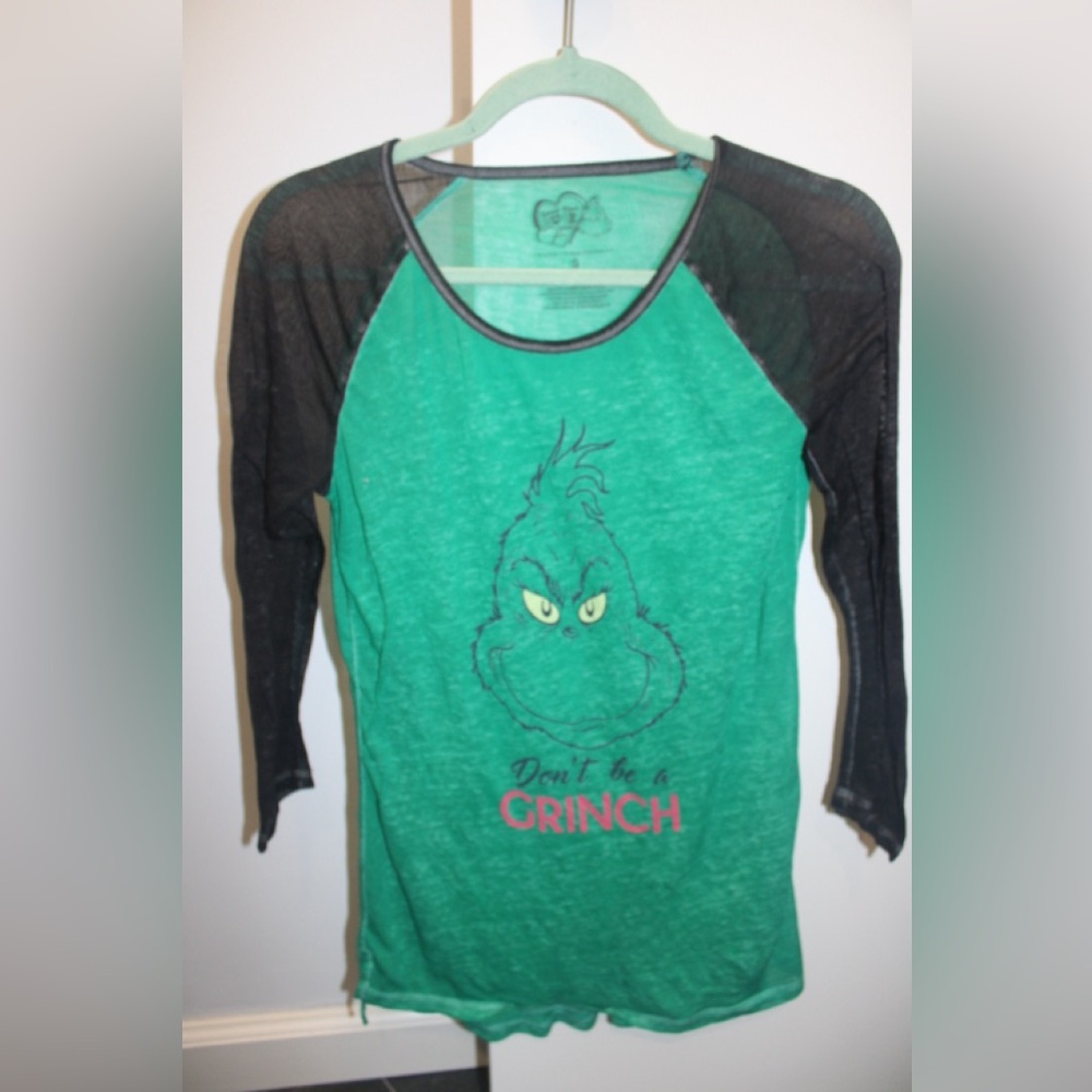 Dr Seuss Grinch Raglan Tee Small Green Black 3/4 Sleeve “Don’t Be a Grinch”
